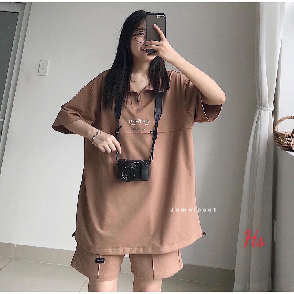 Bộ Quần Đùi Áo Tay Lỡ Cổ Khóa Chữ Hàn 🦋 Set Áo Dây Rút Hông Quần Short Nữ 2 Màu 🦋