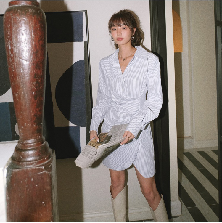 Đầm sơ mi peppermint dài tay kẻ sọc xinh xắn cho nữ 40135