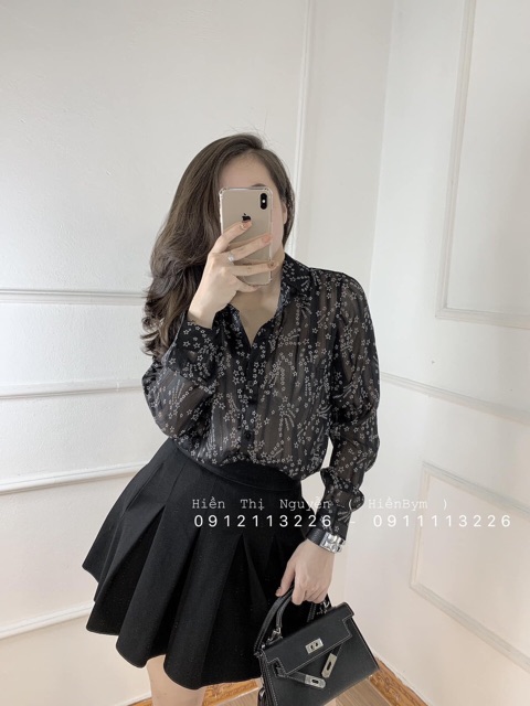 Áo sơmi tơ họa tiết ngàn sao, áo dài tay