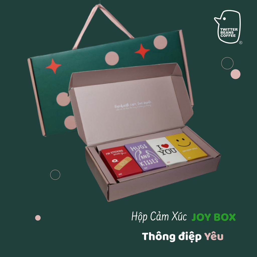 Hộp quà Cảm Xúc Joy Box - Thông điệp LỜI YÊU THƯƠNG (Gồm:Gói cà phê 100% Arabica; Túi Joy Bird;Túi cà phê,Kẹo lễ hội)
