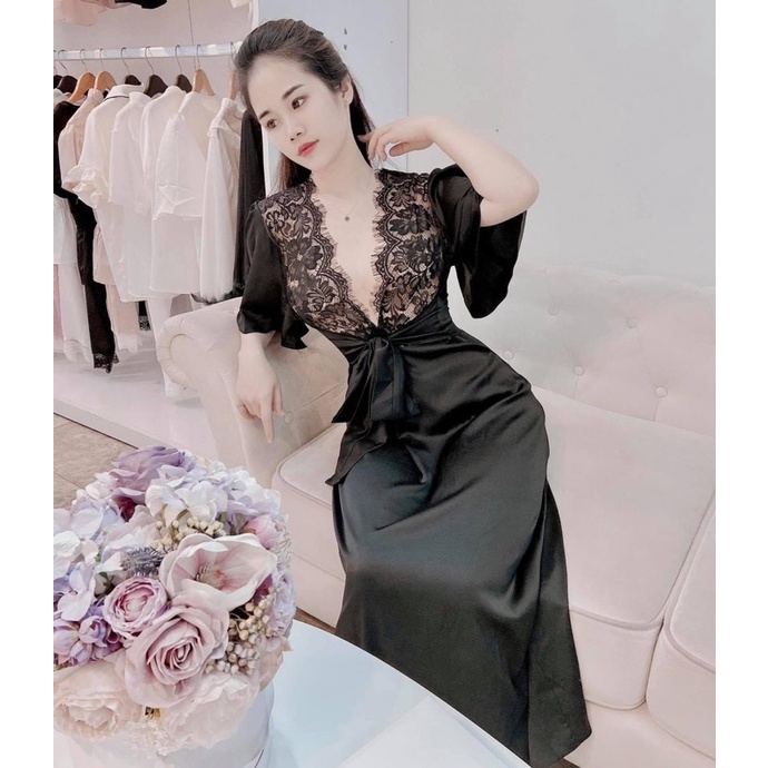 HÀNG THIẾT KẾ - Váy ngủ lụa viền ren buộc nơ eo sang trọng