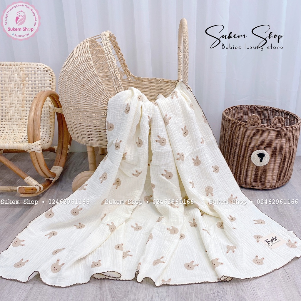 Bé Bé - Set Bộ Chăn, Gối Đầu, Chặn Vỏ Đỗ, Chăn Ủ Họa Tiết Mặt Thỏ Nâu Cho Bé