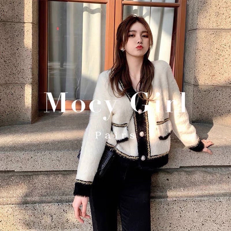 Áo khoác nữ, chất len lông thỏ mềm mịn, dày dặn, cổ V phối 2 túi pha ánh kim, kiểu dáng Hàn Quốc freesize