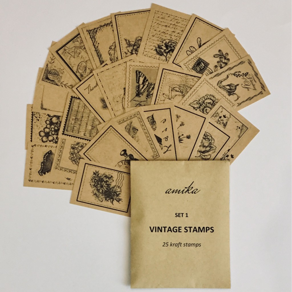Vintage Stamp Stickers - Set S1: 25 sticker tem dán vintage trắng, kraft
