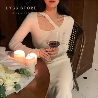 Váy len maxi dáng ôm body cổ vuông retro phối dây chéo cực sexy, Đầm phong cách Hàn Quốc thu đông đẹp