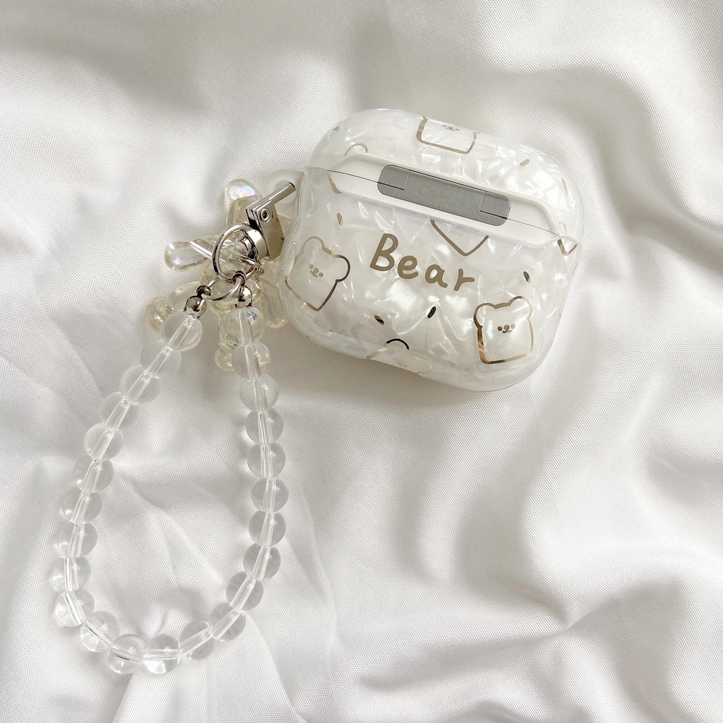 Vỏ Bảo Vệ Hộp Sạc Tai Nghe AirPods 1 2 pro 3 2021 gen3 Họa Tiết Gấu Màu Trong Suốt Gắn Dây Ngọc Trai