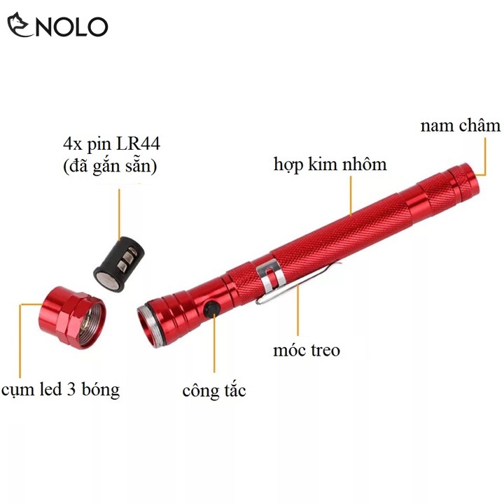 Đèn Pin Bỏ Túi Có Thể Kéo Dài Uốn Cong 2 Đầu Hít Nam Châm Chất Liệu Hợp Kim Sử Dụng Pin Mini LR44