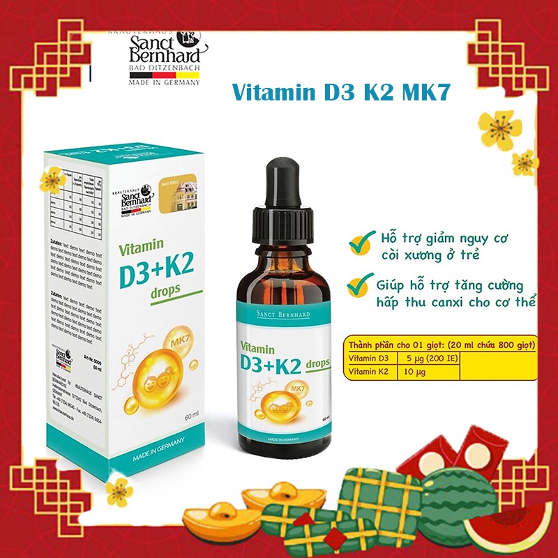 Vitamin D3 K2 MK7 Tăng hấp thu Canxi trong 1 giọt, phát triển chiều cao tối đa (10ml)-Sanct Bernhard ĐỨC