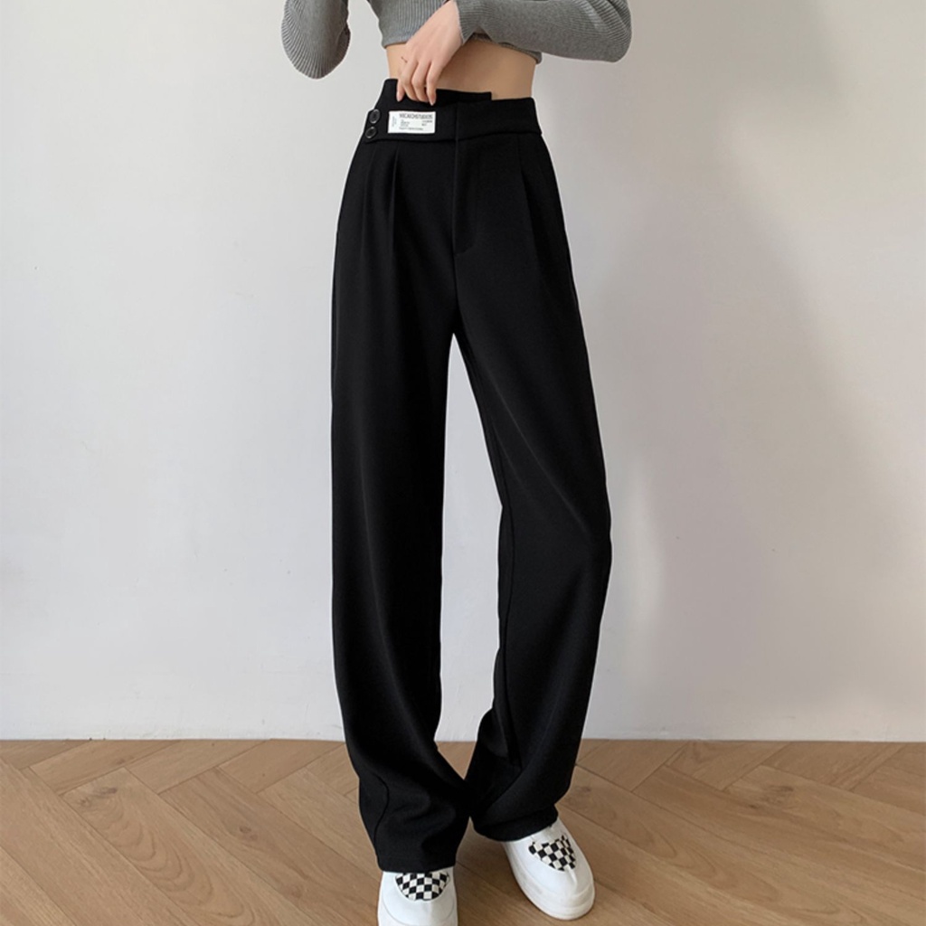 Quần dài SUXI ống rộng lưng cao màu trơn thanh lịch cho nữ