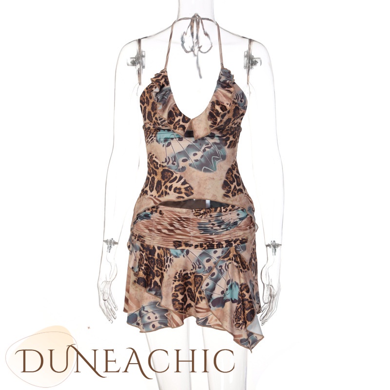 DUNEA Set đồ gồm áo yếm + chân váy in họa thời trang gợi cảm cho nữ