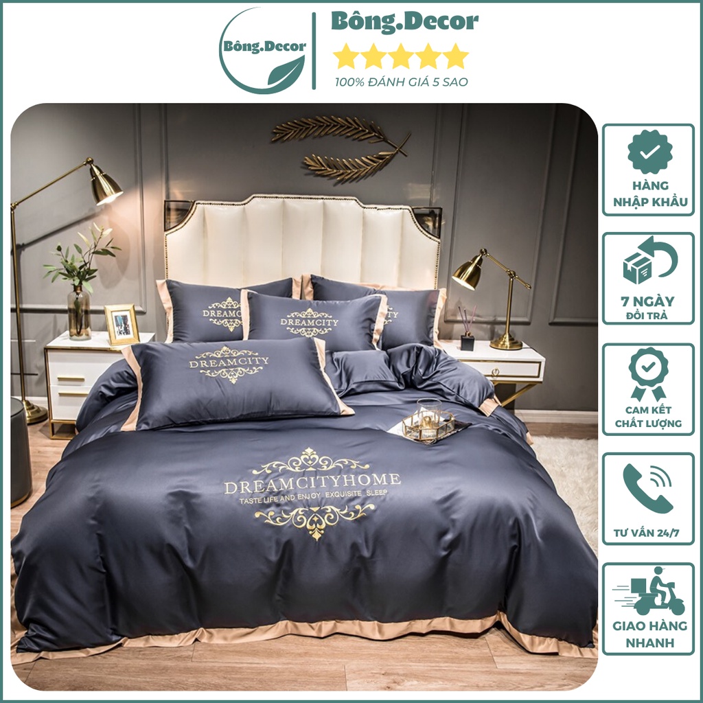 Bộ chăn ga gối lụa DreamHomeCity tân cổ điển nhập khẩu cao cấp, ga giường và vỏ gối lụa siêu mềm mịn thoáng khi không xù