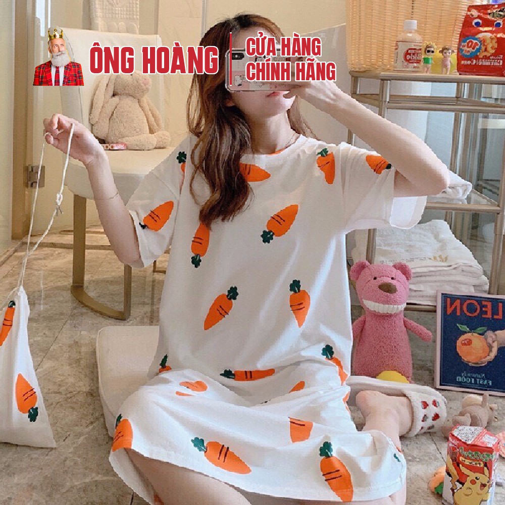 Váy ngủ cộc tay đầm ngủ dáng suông chất cotton mềm mát họa tiết hoạt hình dễ thương