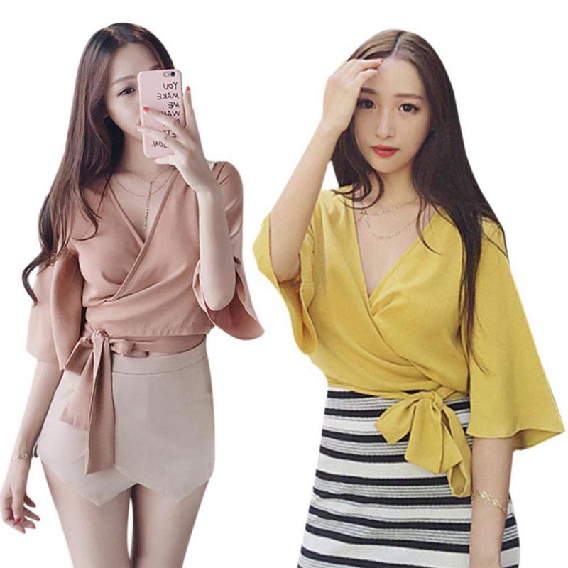 [Baywellfashion]Áo voan nữ tay lỡ cổ chữ V màu trơn thời trang