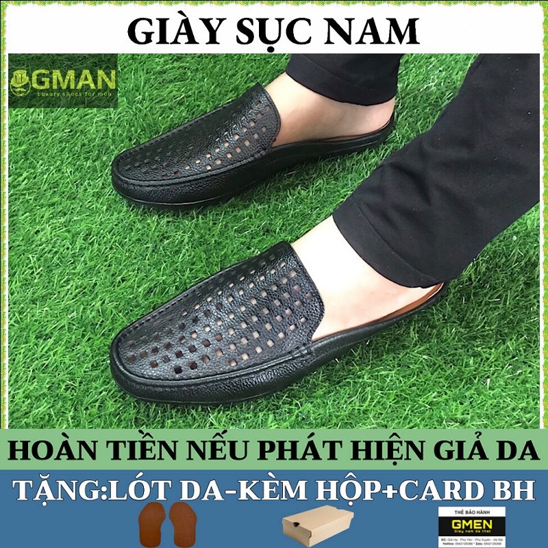 Giày sục nam da thật có lỗ thoáng khí đế cao su êm chân khâu chỉ bảo hành 12 tháng TK0100