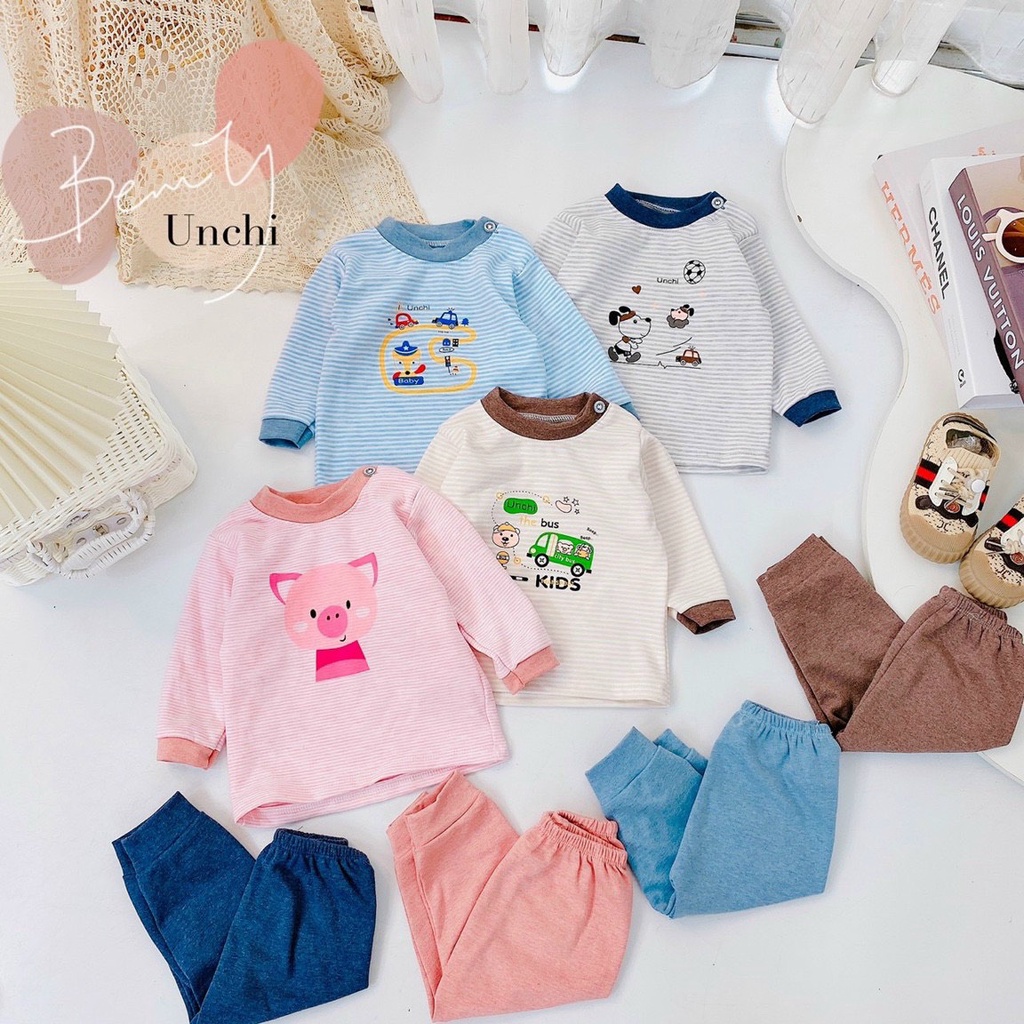 Đồ bộ dài tay Unchi chất cotton nỉ dày dặn phối kẻ thu đông bé trai bé gái Namkidshop (QATE395)