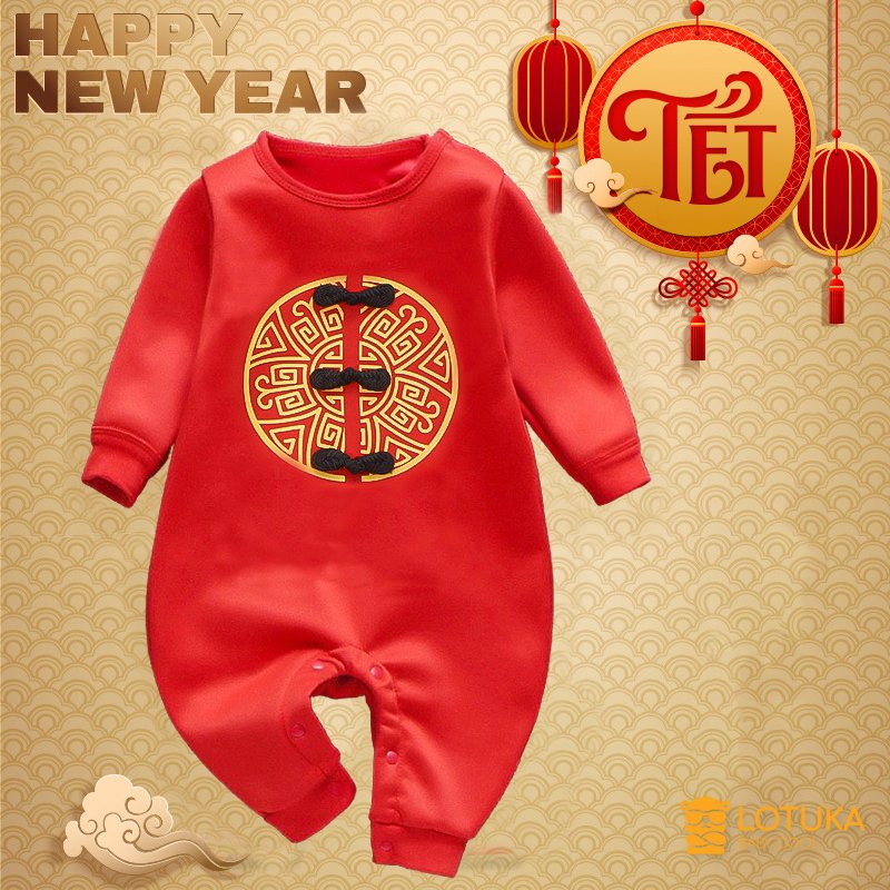 Body dài tay cho bé hình tài lộc chất cotton mền mịn mẫu Quần áo sơ sinh bé trai bé gái từ 0-12 tháng