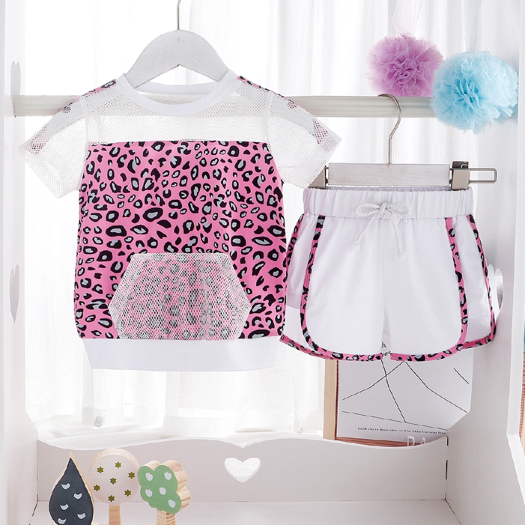 Set Áo Thun Tay Ngắn &amp; Quần Short Họa Tiết Da Báo Cho Bé Gái