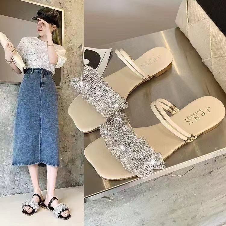 Dép Sandal Quai Ngang Đính Đá Đế Bằng Thời Trang LYLA12