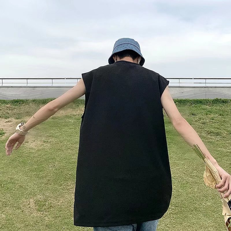 Áo Sweater Dệt Kim Sát Nách Dáng Rộng Màu Sắc Đơn Giản Phong Cách Harajuku Cho Nam