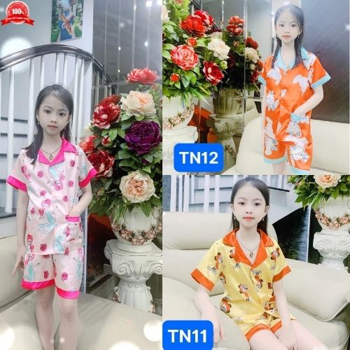 Bộ Đồ Ngủ Pijama - Chất Lụa Satin Ngắn Tay Mềm Mại Cho Bé Từ (12 Tháng-10 tuổi ) | Size Từ 15-45kg .