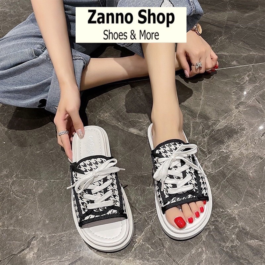 Dép Quai Ngang Nữ Dây Buộc Kẻ Caro Siêu HOT 2022, Dép Đế Bánh Mỳ Cao 3cm Form Ôm Chân