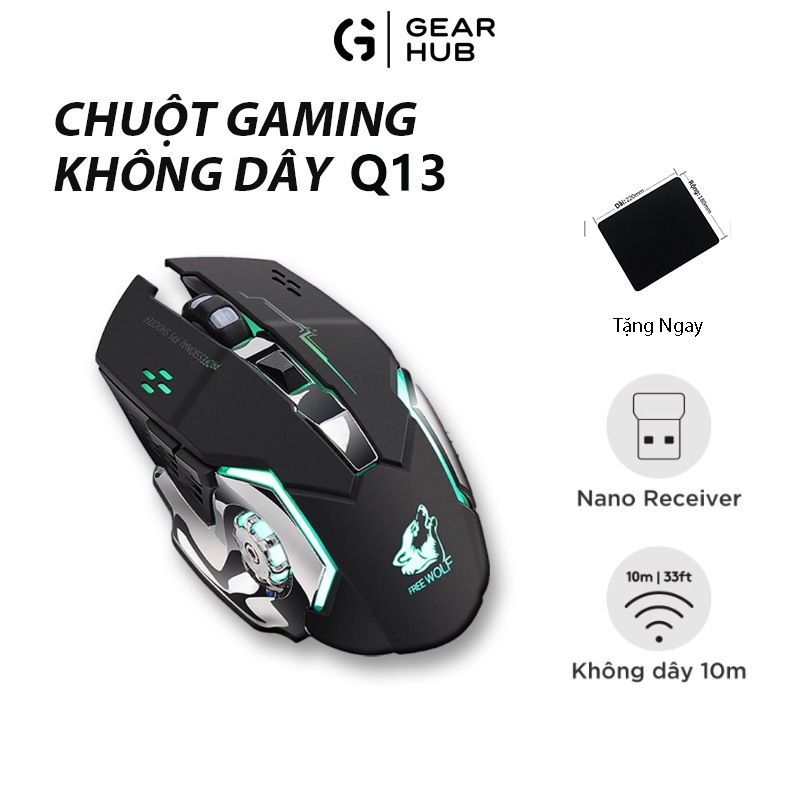 Chuột Không Dây Gaming Q13 có đèn LED tự động đổi màu, có thể sạc lại, kết nối 2.4GHZ chuyên game