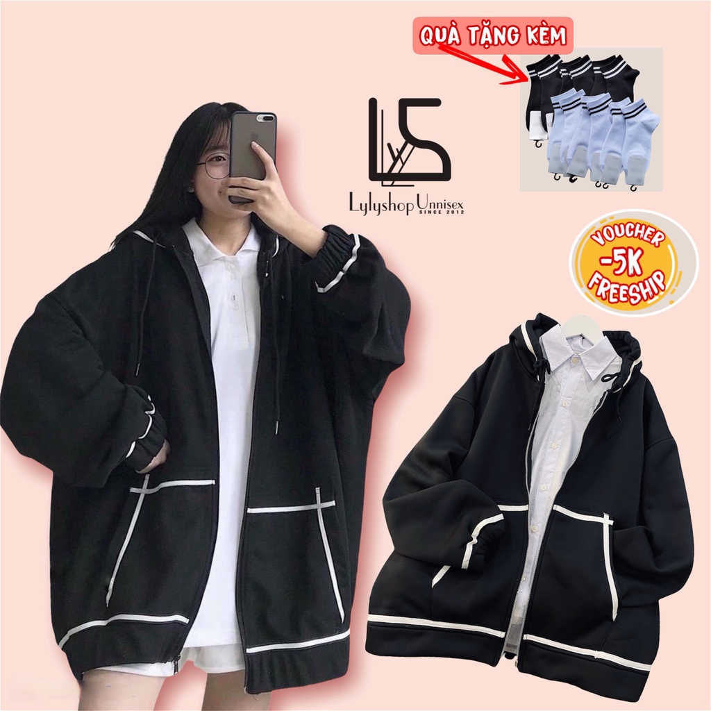 Áo khoác nỉ LylyshopUnisex, kiểu áo hoodie zip phối viền chất nỉ lót bông dày dặn, form overisize siêu rộng có túi