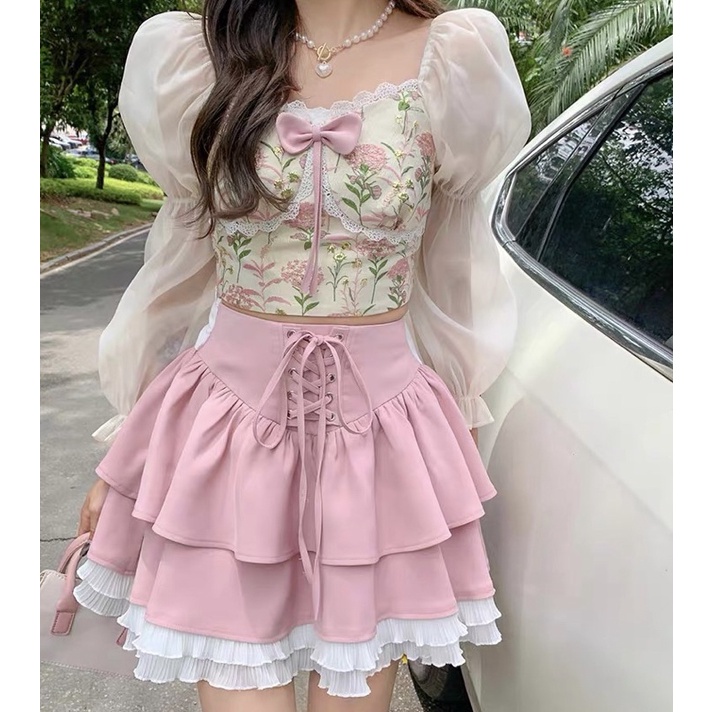 Set áo croptop phối voan dài tay phồng kèm chân váy hồng 2 tầng viền ren chic ulzzang SAM SAM BOUTIQUE