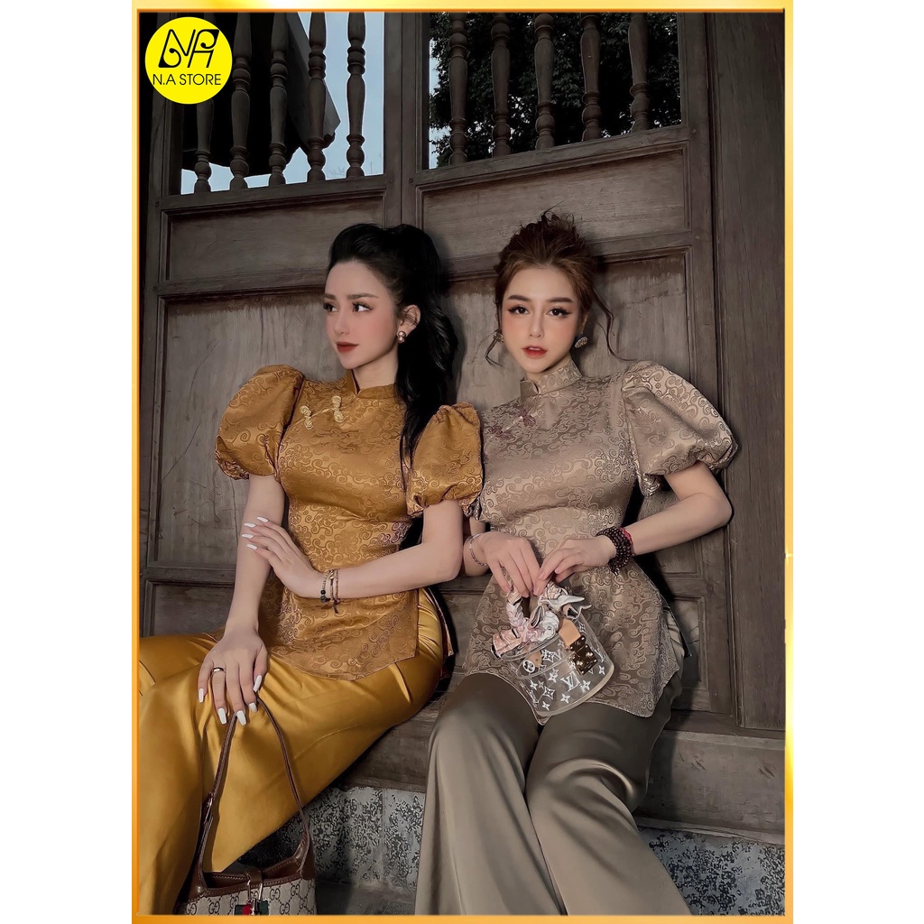 ◘☋❦Bộ Đi Lễ Chùa Nữ - Đồ Lam Lụa Gấm Nổi Cao Cấp Hồng Kông Tay Phồng AL028