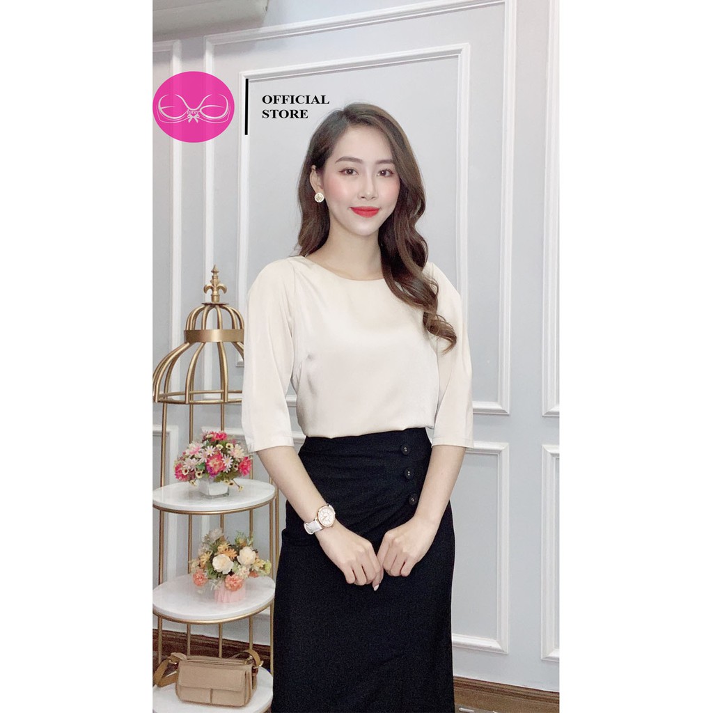 Áo sơ mi nữ tay lỡ lụa trơn kiểu cổ tròn Evalover