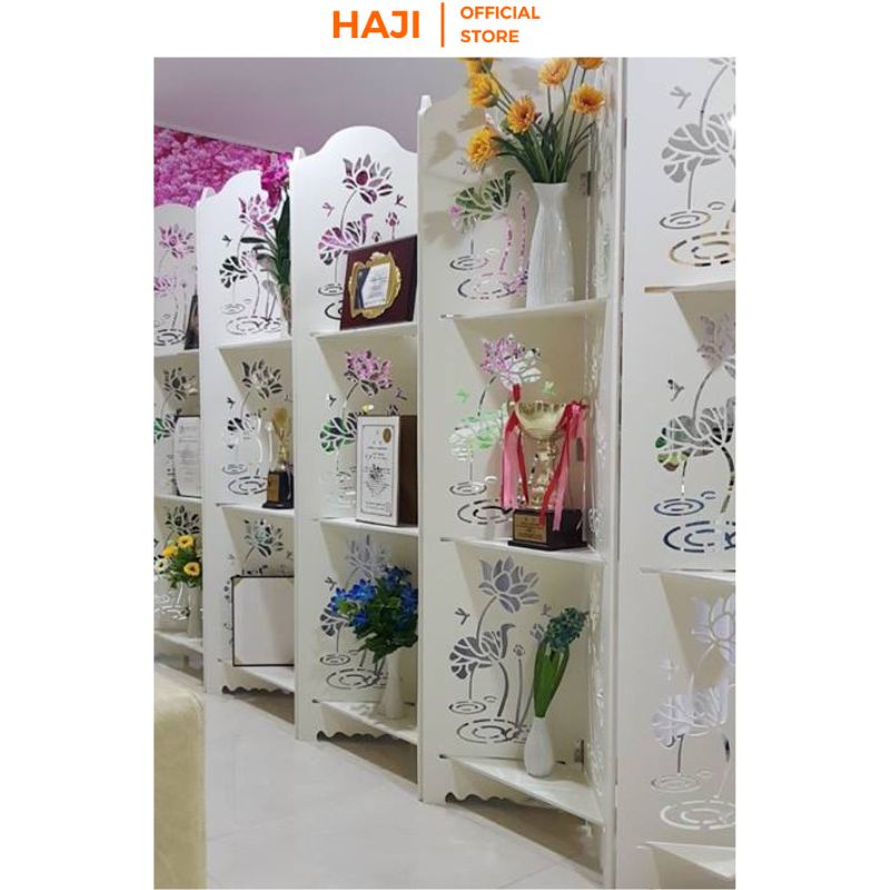 Vách ngăn hoa sen phong thuỷ HAJI kiểu dáng sang trọng thanh lịch có kệ và không kệ, Bình phong di dộng thông minh D478