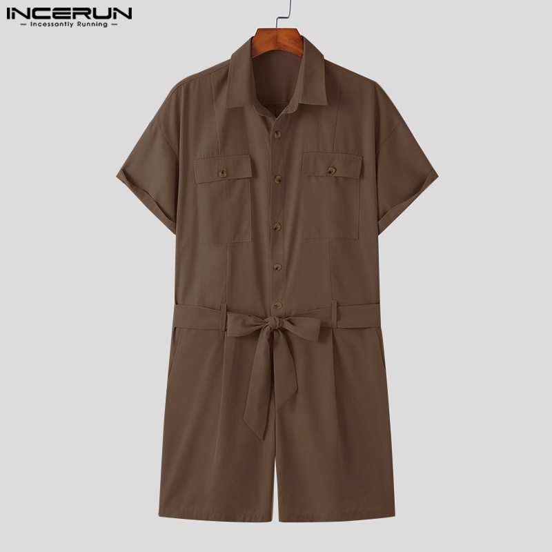 Jumpsuit INCERUN tay ngắn dáng rộng phối túi thời trang cá tính cho nam