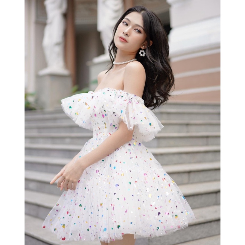 (Mẫu Mới) Sale Lớn Đầm Lưới Tim Kim Sa Trễ Vai Dáng Xòe Xinh Hết Ý UP h.h.p