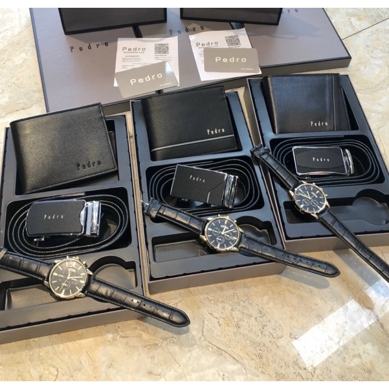 Set bộ Ví dây Nịt Đồng Hồ nam da mềm Pedro Lv Hm Fullbox túi giấy cao cấp quà tặng