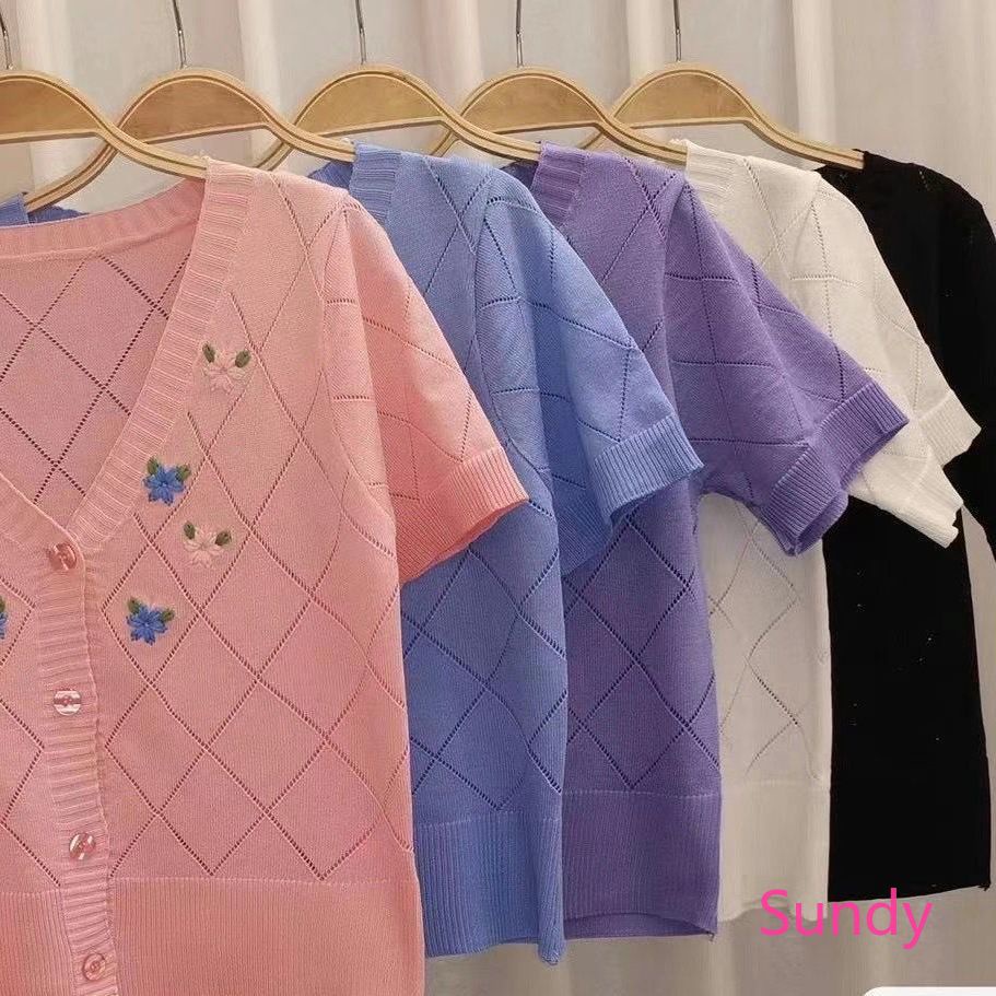 Áo Dệt Kim Tay Ngắn Thêu Họa Tiết Xinh Xắn Thời Trang Mùa Hè Cho Nữ