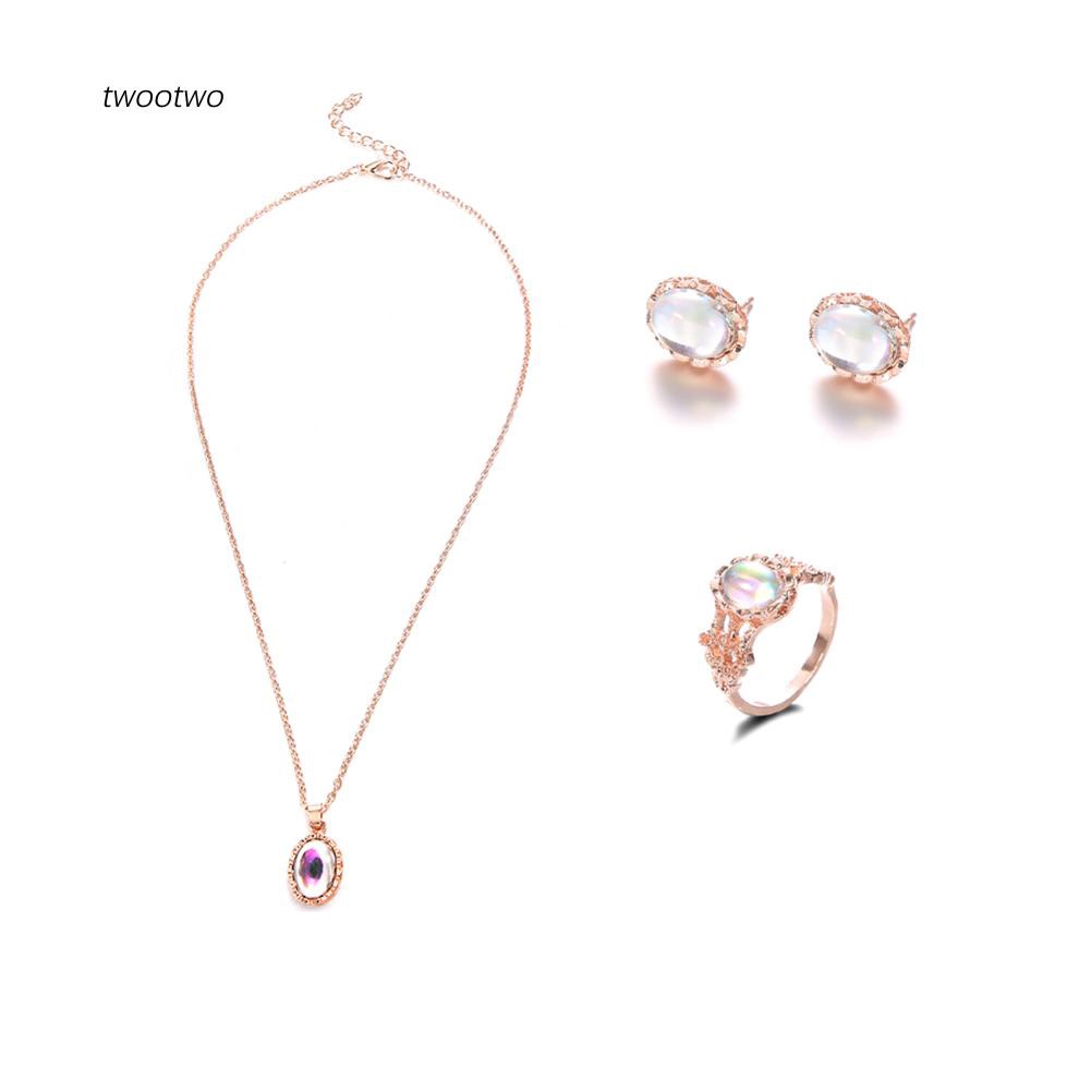 Bộ Dây Chuyền + Nhẫn + Đôi Bông Tai Mặt Đá Opal Nhân Tạo Đẹp Mắt Cho Nữ