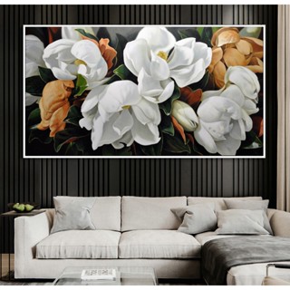 Tranh canvas treo tường hoa trắng phong cách cổ điển khổ ngang - 120 x 60 cm