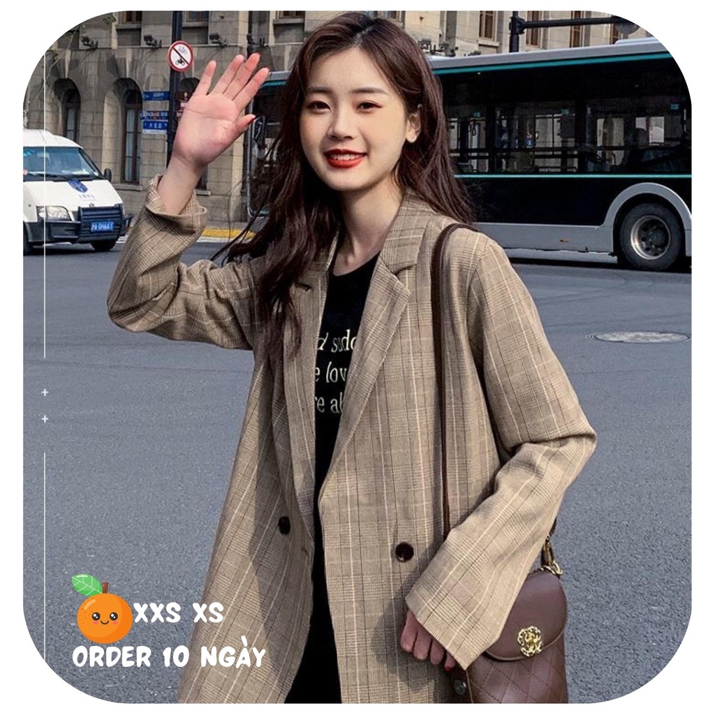 Áo Blazer Kẻ Caro Size XS Một Cúc Dáng Dài Phong Cách Hàn Quốc