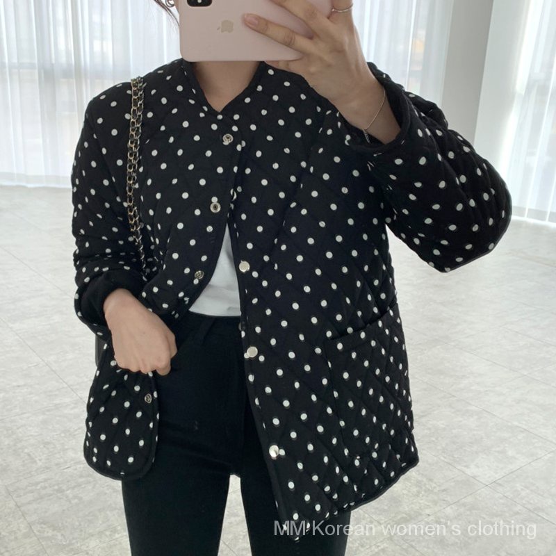 Áo khoác cotton tay dài cổ tròn họa tiết chấm bi phong cách Hàn Quốc dễ phối đồ thời trang thu đông cho nữ