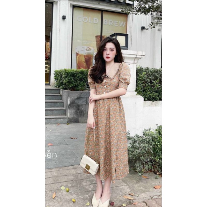 Váy hoa nhí cổ sen đính cúc dáng xoè
