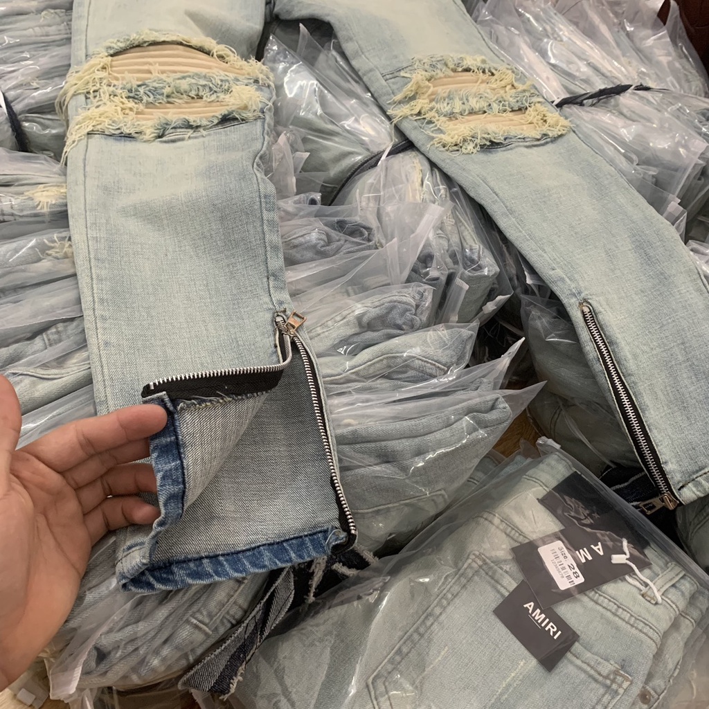 Quần Jean Bò Nam Wash Mài Bạc Rách Nhăn Gối Phối Khoá Ống Phong Cách Streetwear QJ43P