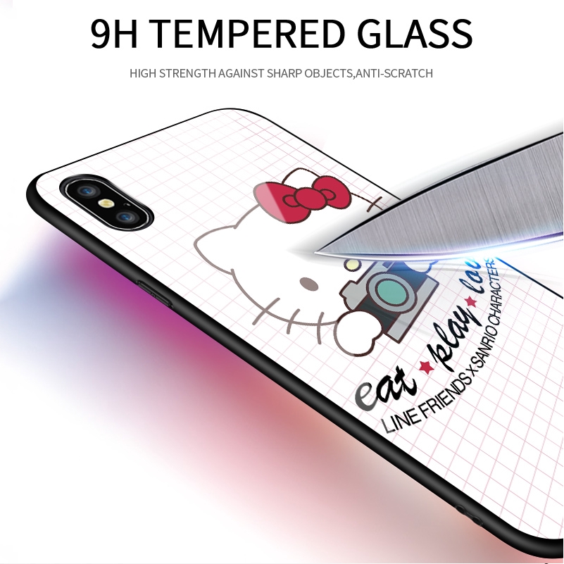 Samsung Galaxy A8 A9 A7 A6 A6+ A8+ 2018 Plus Pro 2019 A9S Star A8S A730 A750 A530 Phone Case Cartoon Hello Kitty Cute Kitty Cat Casing for Glossy Tempered Glass Back Hard Cover Shockproof Cases Ốp điện thoại kính cường lực In Hình cứng Ốp lưng cho