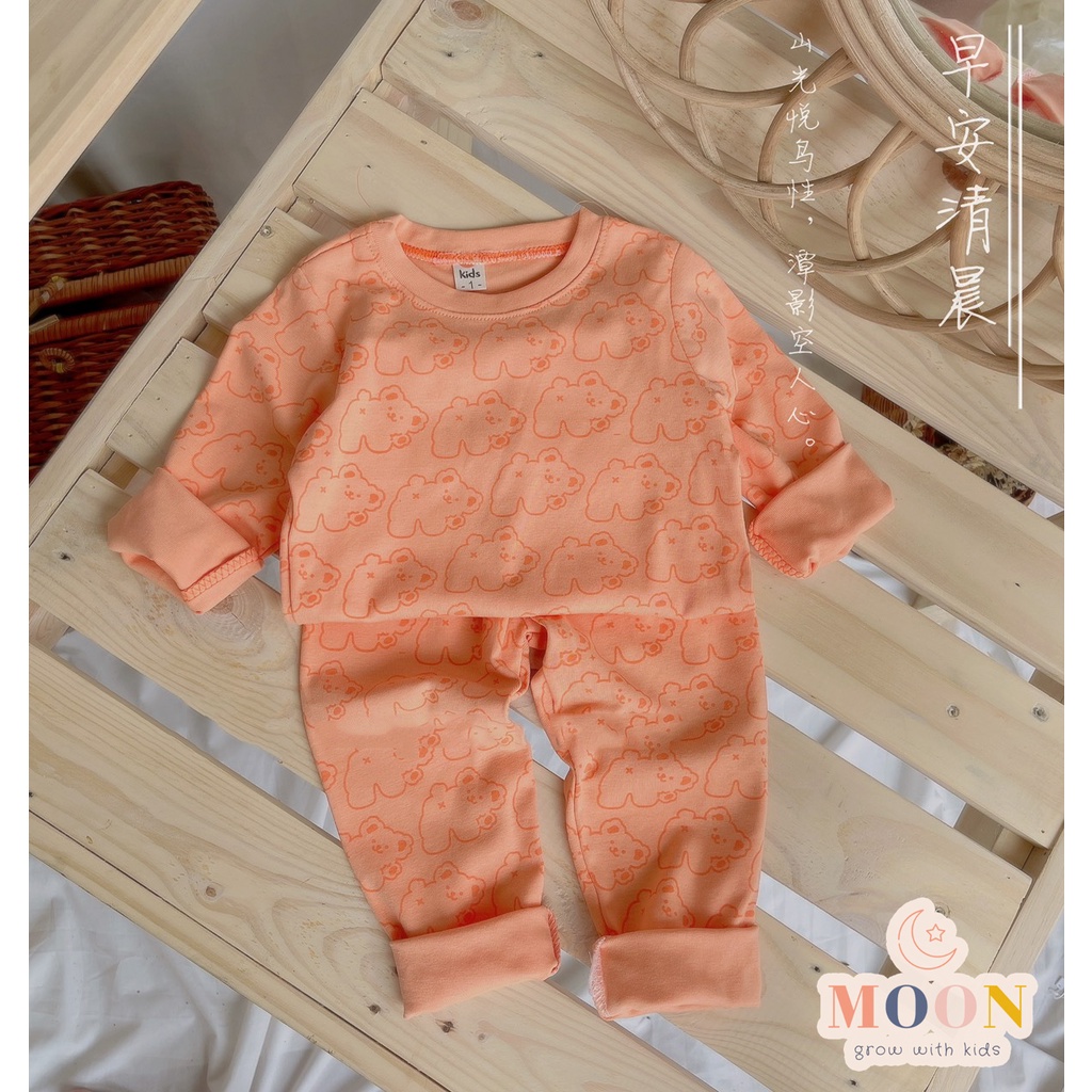 Bộ Ngủ Dài Tay Cho Bé Trai, Bé Gái Chất Cotton Zip Hàn In Tràn Hình Gấu Đáng Yêu