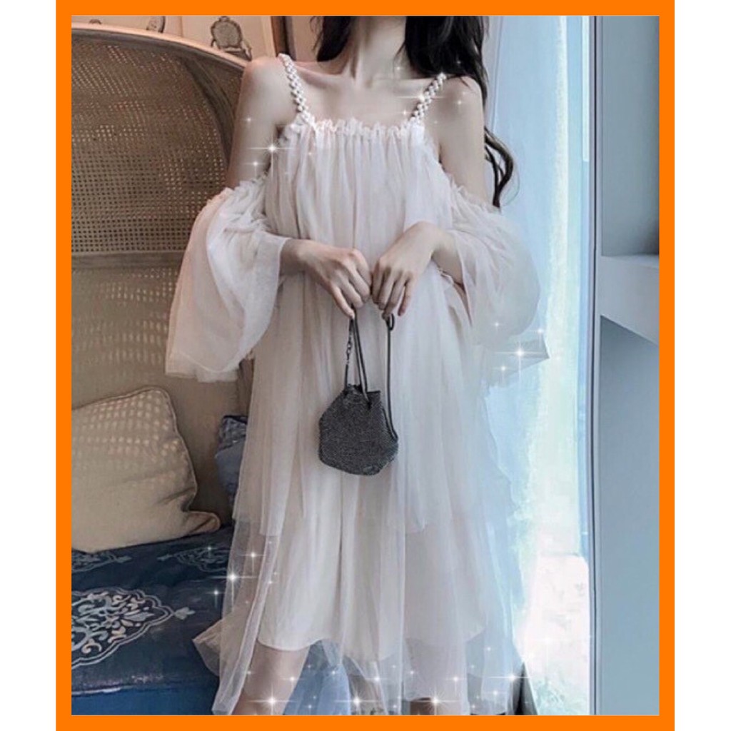 ♥️Đầm,Váy Dây Ngọc Màu Nude Ulzzang 3 TầngFzsize Maxi đi biển
