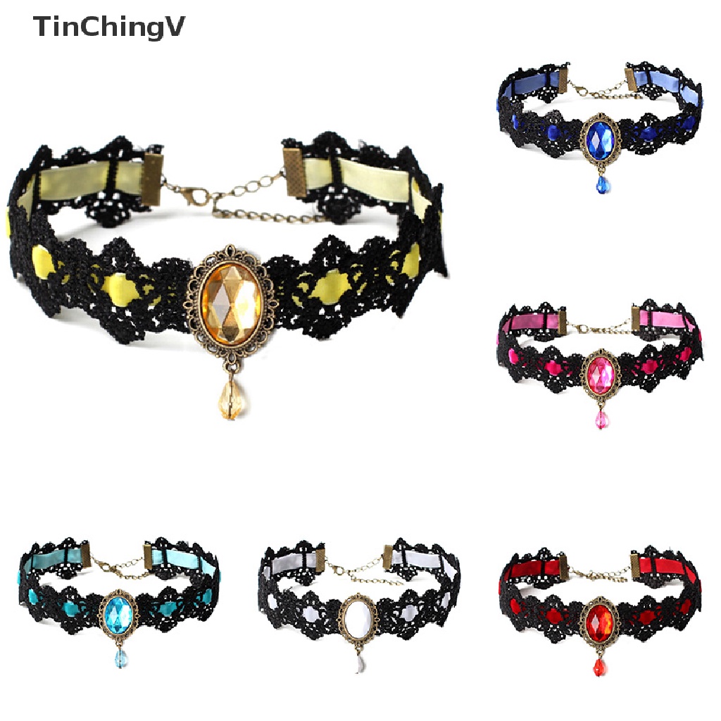 Vòng Cổ Choker Dây Nhung Đen Đính Đá Pha Lê Phong Cách Gothic Cổ Điển