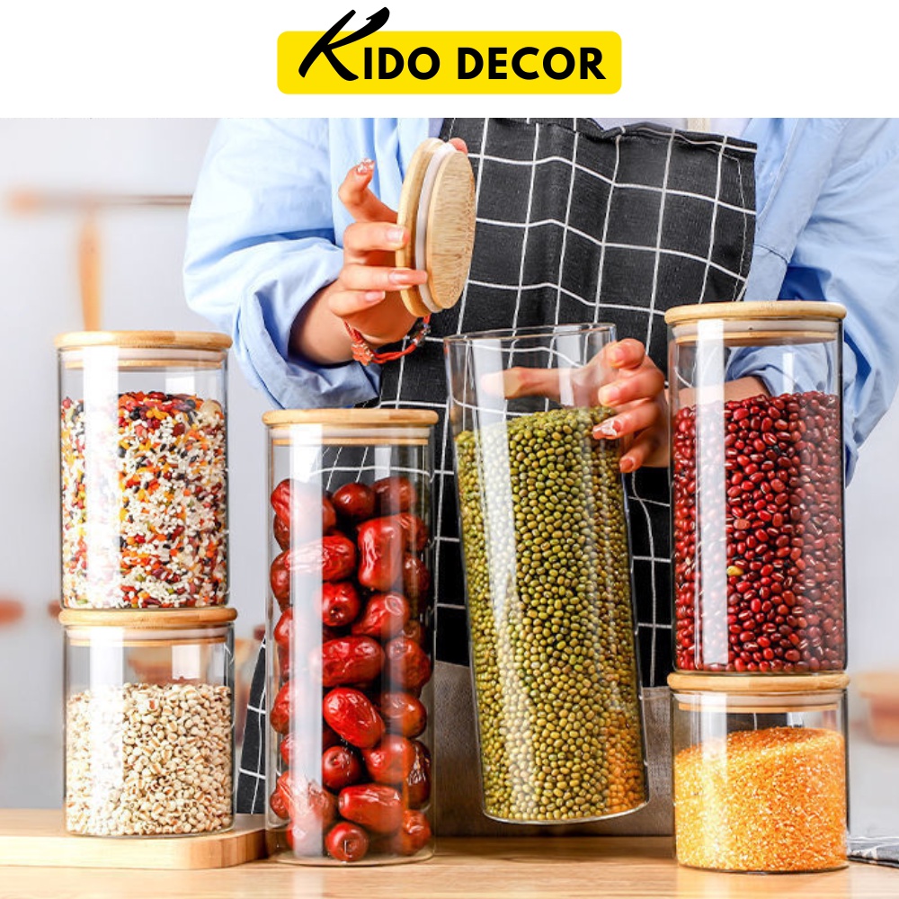Lọ thuỷ tinh nắp gỗ 100-1200ml, hũ thủy tinh đựng hạt khô, gia vị decor trang trí KIDO