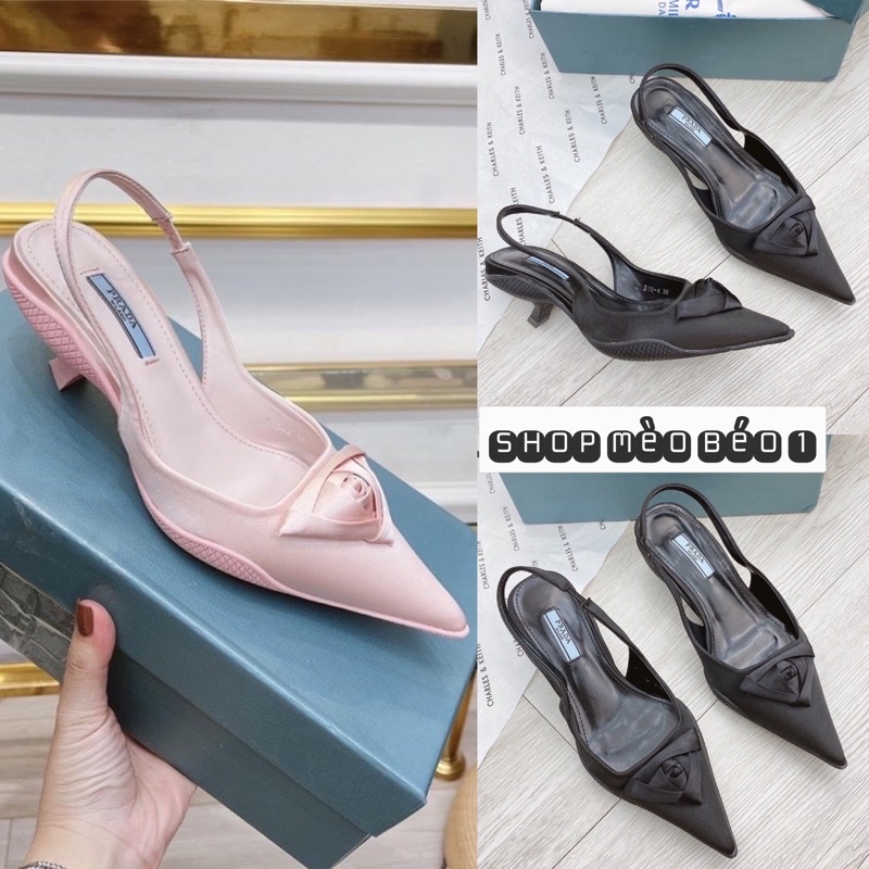 Sandal prd lụa phối hoa gót nhọn fullbox