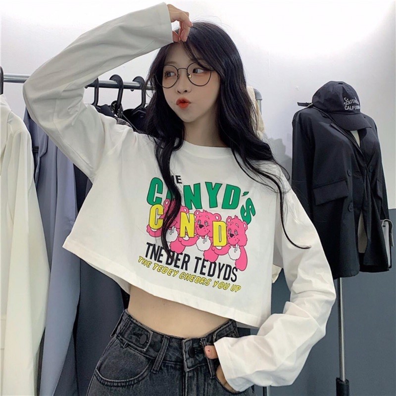Áo Croptop Tay Dài in chữ (tím-trắng)