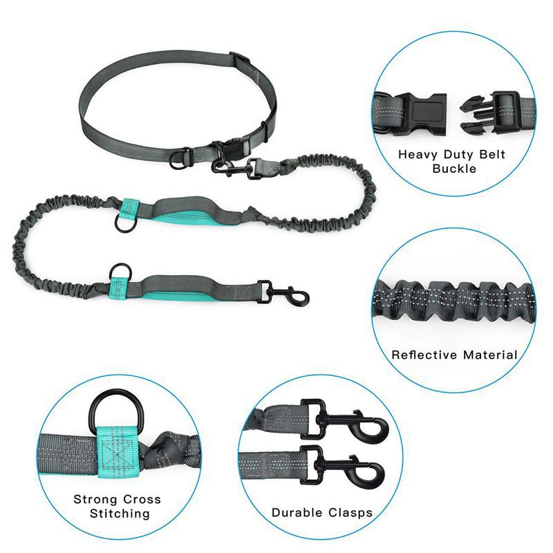 Hands Waist Dog Leash with Dual Bungees, Free Control for Up to 150 lbs Dogs, Durable Dual-Handle Bungee Leash with Adjustable Waist Belt - for Running, Jogging or Walking