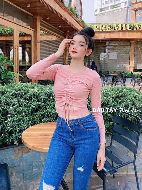 Á croptop tay dài dây rút